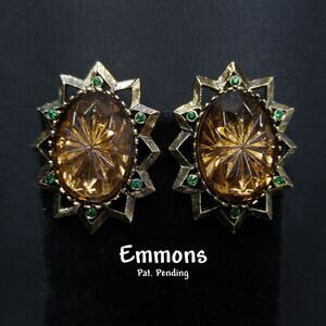 Vintage Emmons Molded Topaz Glass Clip Earrings, Green Rhinestone Accents